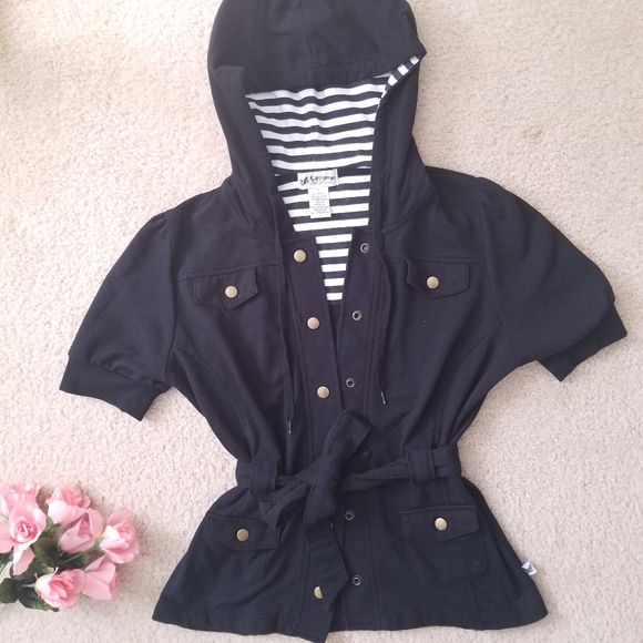 Black Short Sleeve Utility Jacket Hoodie Sweater - Picture 2 of 9